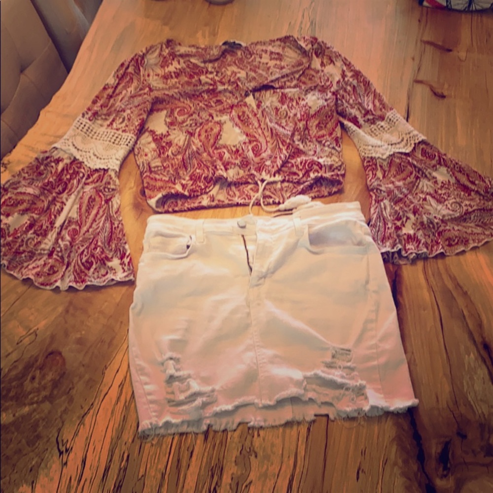 Kendall & Kylie BOHO crop/ Distressed denim skirt